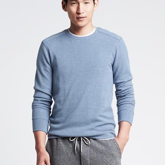 BANANA REPUBLIC Men's Large Light Blue Waffle Knit Crew Neck Long Sleeve Shirt C